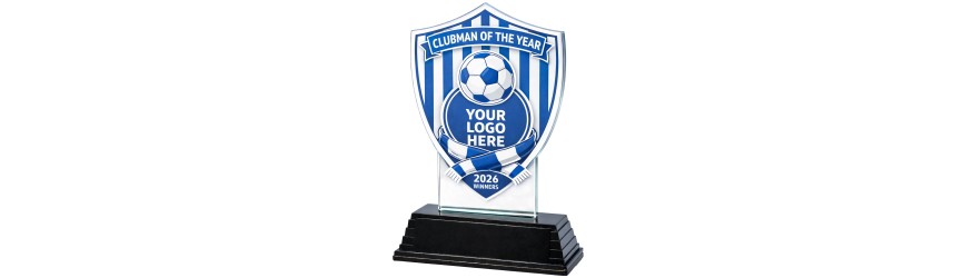 **SPECIAL BUY** CLICK AND GO CUSTOM SHIELD FOOTBALL TROPHY - 16CM - 20CM - AVAILABLE IN 5 COLOURS